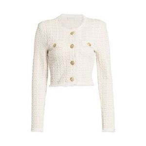 NEW Ronny Kobo Tweed Knit Crop Cardigan Off White Gold Buttons Lrg $368 Retail